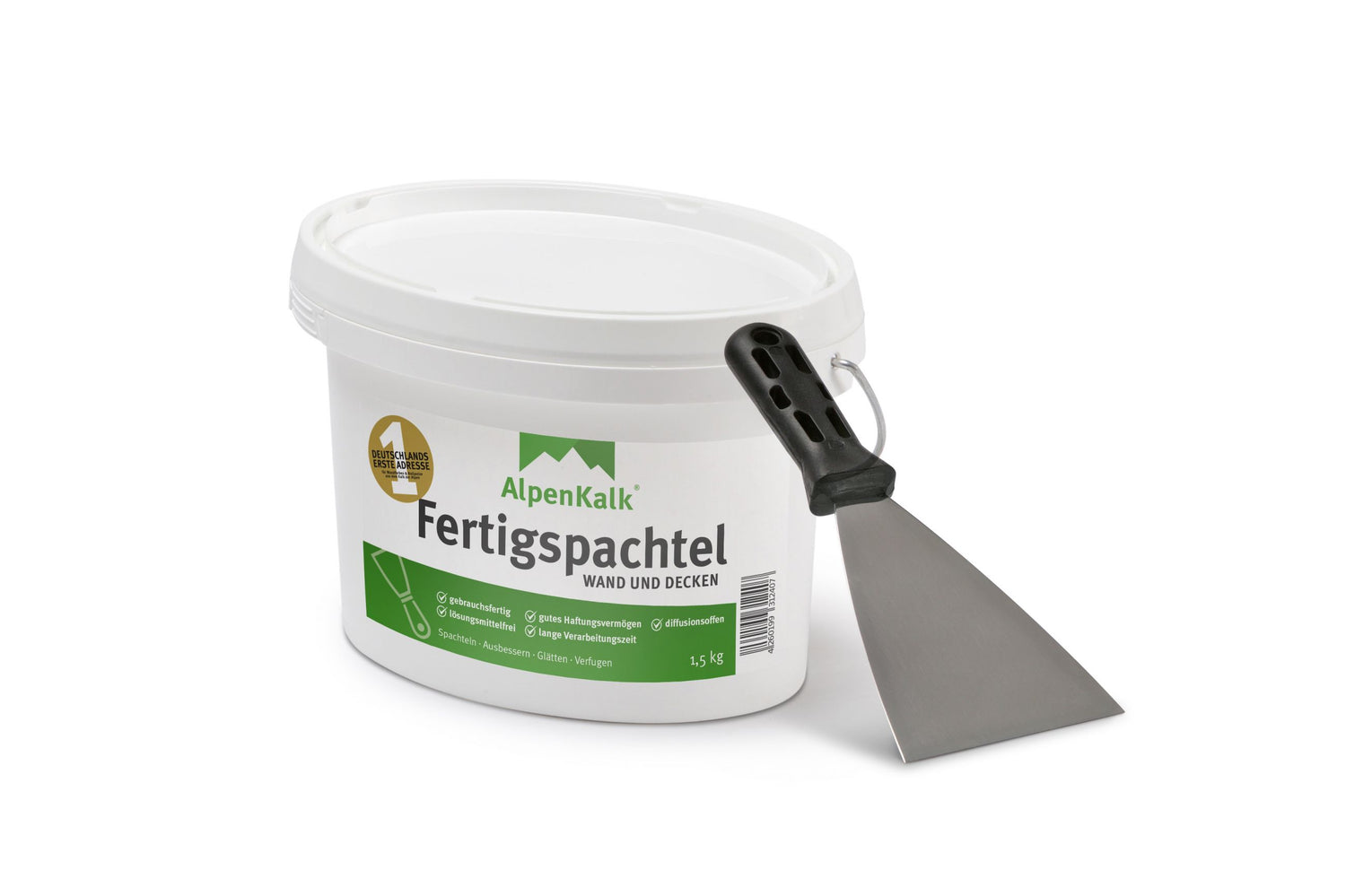 Eimer mit Fertigspachtel fuer Wand und Decken von AlpenKalk plus Spachtel-Werkzeug