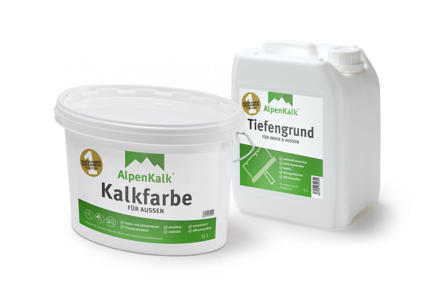Eimer AlpenKalk Kalkfarbe fuer Aussen und Kanister Tiefengrund fuer Innen und Aussen