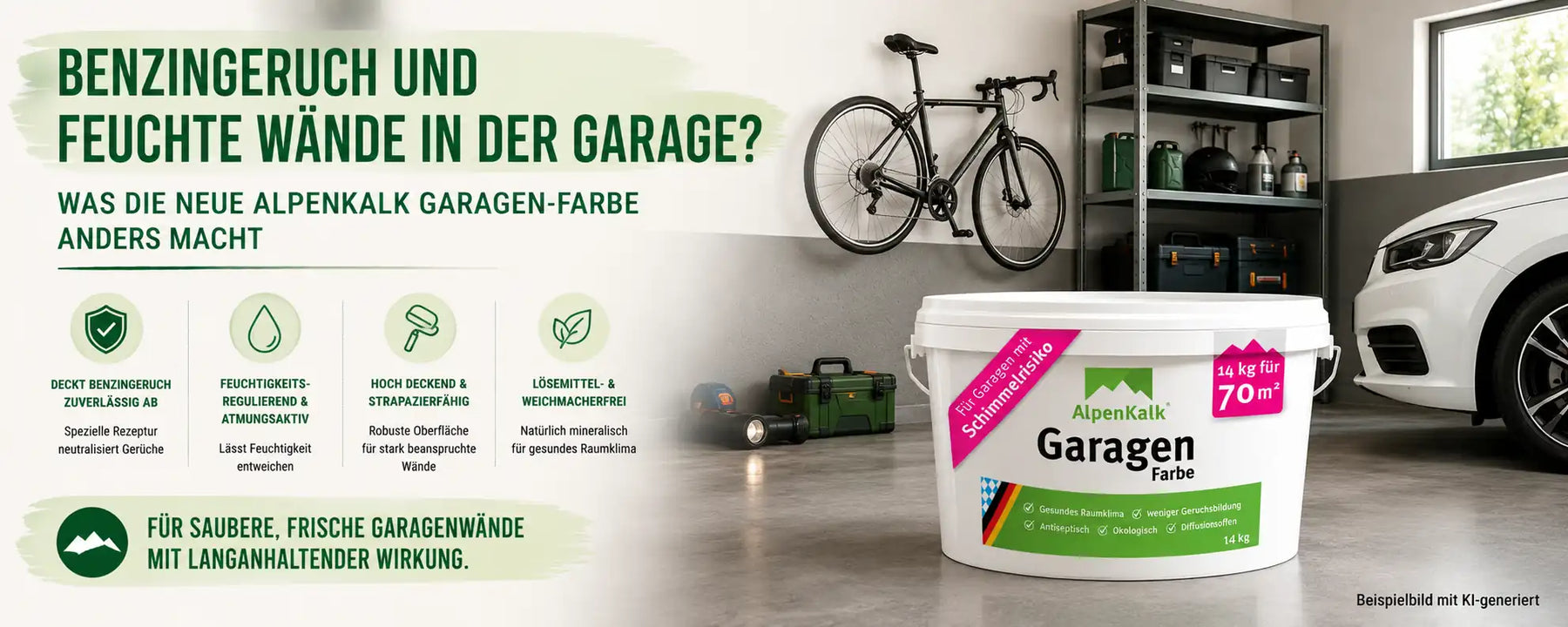 Benzingeruch und feuchte Wände in der Garage? Was die neue AlpenKalk Garagen-Farbe anders macht